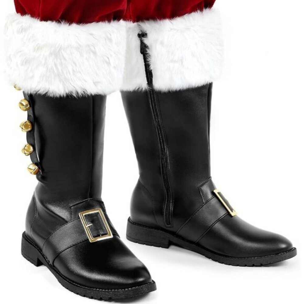 Men Black Buckle Strap and Bell Premium Faux Leather Wide Calf Santa Combat Boot - Picture 2 of 7